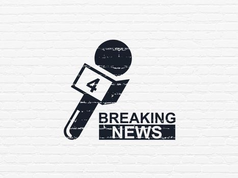 News concept: Painted black Breaking News And Microphone icon on White Brick wall background