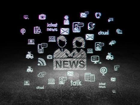 News concept: Glowing Anchorman icon in grunge dark room with Dirty Floor, black background with  Hand Drawn News Icons