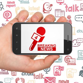 News concept: Hand Holding Smartphone with  red Breaking News And Microphone icon on display,  Hand Drawn News Icons background