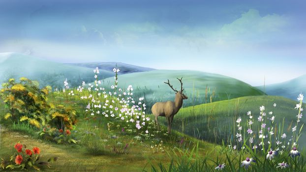 Digital painting of the Deer in the Hills