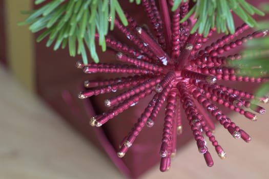 Decorated christmas tree with beautiful toys on it.