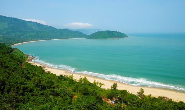 Beautiful landscape of Lang Co beach from Hai Van mountain pass, wonderful shape of nature with green jungle, place for eco travel at Hue, Vietnam is country of sea with long seaside