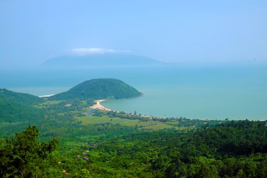 Beautiful landscape of Lang Co beach from Hai Van mountain pass, wonderful shape of nature with green jungle, place for eco travel at Hue, Vietnam is country of sea with long seaside