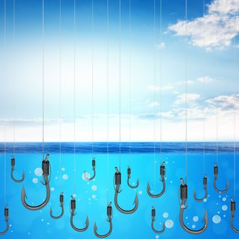 Set of fishhook in blue sea with blue sky, bait concept