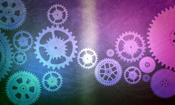 Set of mechanical gears on colorful background