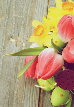 Easter Greeting Concept with Bunch of Yellow Daffodils and Magenta Tulips in Watering Can with Green Spotted Easter Eggs closeup on Wooden background