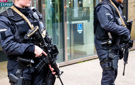 NETHERLANDS, the Hague: Members of the Royal Military Police stand by as the Hague, the Netherlands is on high alert following the deadly attacks in Brussels, Belgium on March 22, 2016. The attacks, at least one of which was carried out by a suicide bomber, left at least 30 dead at Zaventem airport and Maelbeek metro station.