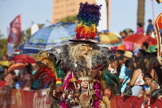 Tobas dancer in traditional Andean costume performing at the annual Carnaval Andino con la Fuerza del Sol in Arica, Chile.