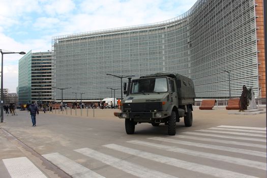 BELGIUM, Brussels: With Brussels, Belgium on high alert, a heavily armored vehicle stands guard following the deadly attacks at Maelbeek metro station and Zaventem airport on March 22, 2016. The attacks, at least one of which was carried out by a suicide bomber, left at least 30 dead, and scores more injured.