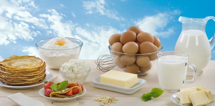 Dairy products and ingredients to make pancakes