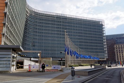 BELGIUM, Brussels: Flags fly half mast at the European commission in Brussels on March 22, 2016 after the attacks that hit the Belgian city that same day.