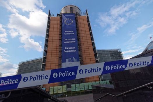 BELGIUM, Brussels: A police cordon is seen outside the European commission in Brussels on March 22, 2016 after the attacks that hit the Belgian city that same day.