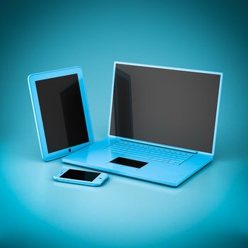 Laptop, tablet and smartphone on a blue background