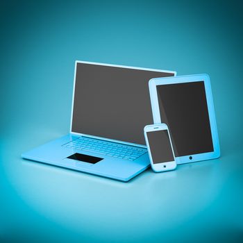 Laptop, tablet and smartphone on a blue background