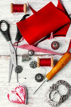 Sewing tool for needlework and leather scraps.Top view