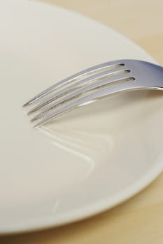 close up of empty plate on wood table with fork