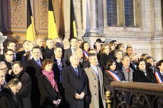 FRANCE, Paris: Politicians gathered outside Paris City Hall following the terror attacks in Brussels on March 22, 2016. Anne Hidalgo, Jean-Marc Ayrault, Danièle Simmonet, Pierre Laurent, Bertrand Delanoë, Nathalie Kosciusko-Morizet and other political and religious figures Held a minute of silence in memory of those killed in the attacks.