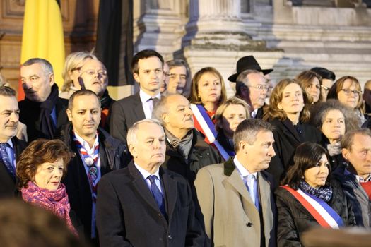 FRANCE, Paris: Politicians gathered outside Paris City Hall following the terror attacks in Brussels on March 22, 2016. Anne Hidalgo, Jean-Marc Ayrault, Danièle Simmonet, Pierre Laurent, Bertrand Delanoë, Nathalie Kosciusko-Morizet and other political and religious figures Held a minute of silence in memory of those killed in the attacks.