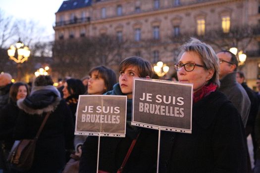 FRANCE, Paris: People held signs in a show of solidarity with Belgium, following the terror attacks in Brussels on March 22, 2016. Anne Hidalgo, Jean-Marc Ayrault, Danièle Simmonet, Pierre Laurent, Bertrand Delanoë, Nathalie Kosciusko-Morizet and other political and religious figures Held a minute of silence in memory of those killed in the attacks.
