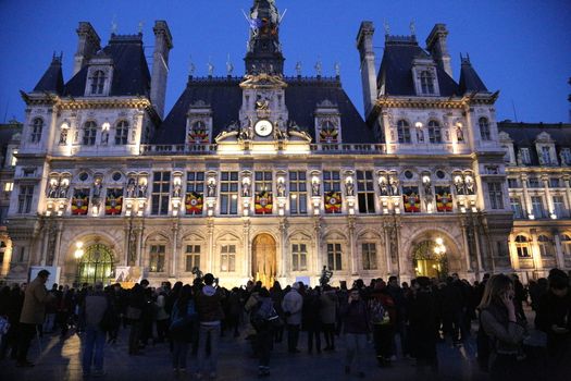 FRANCE, Paris: The facade of the Paris City Hall was lit up with the colors of the Belgian flag, following the terror attacks in Brussels on March 22, 2016. Anne Hidalgo, Jean-Marc Ayrault, Danièle Simmonet, Pierre Laurent, Bertrand Delanoë, Nathalie Kosciusko-Morizet and other political and religious figures Held a minute of silence in memory of those killed in the attacks. 