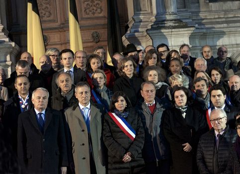 FRANCE, Paris: Politicians gathered outside City Hall in Paris, France on March 22, 2016, following the terror attacks in Brussels.Anne Hidalgo, Jean-Marc  Ayrault,  Danièle  Simmonet, Pierre Laurent, Bertrand  Delanoë, Nathalie  Kosciusko-Morizet and other political and religious figures Held a minute of silence in memory of the attack victims.