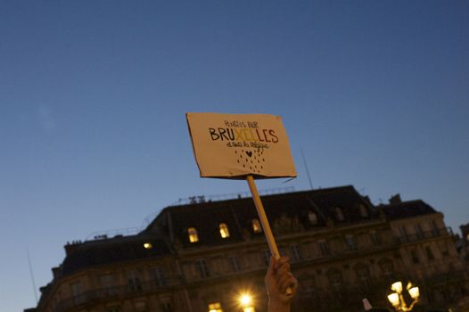 FRANCE, Paris: A sign in support of Brussels is held up outside City Hall in Paris, France on March 22, 2016, following the terror attacks in Brussels.Anne Hidalgo, Jean-Marc  Ayrault,  Danièle  Simmonet, Pierre Laurent, Bertrand  Delanoë, Nathalie  Kosciusko-Morizet and other political and religious figures Held a minute of silence in memory of the attack victims.