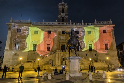 ITALY, Rome: The Belgian flag is projected on Capitoline Hill as a tribute in Rome, Italy following the terror attacks that left at least 30 people dead and hundreds injured in Brussels, Belgium on March 22, 2016. The Islamic State terror group has taken responsibility for the attacks, which brought death and destruction on Zaventem airport and Maelbeek metro station.