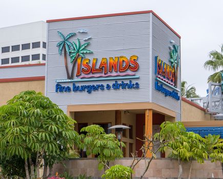 LONG BEACH, CA/USA - MARCH 19, 2016: Islands Fine Burgers & Drinks exterior and logo. Islands is a casual dining restaurant chain that specializes in hamburgers.