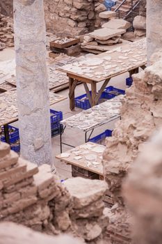 Tables with ceramic shards at archeological site in Turkey