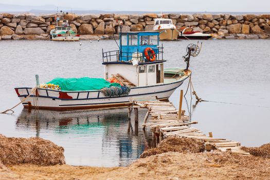 Fishing boat on an inlet of the Aegean Sea near Troy in Turkey