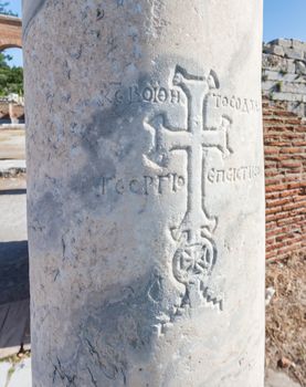 Christian cross carved into column at ancient Selcuk in Turkey