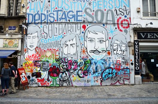 Brussels, Belgium - May 12, 2015: The graffiti on the house wall,  street art is very popular in the city, May 12, 2015 in Brussels, Belgium