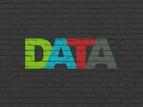 Information concept: Painted multicolor text Data on Black Brick wall background