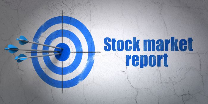 Success banking concept: arrows hitting the center of target, Blue Stock Market Report on wall background