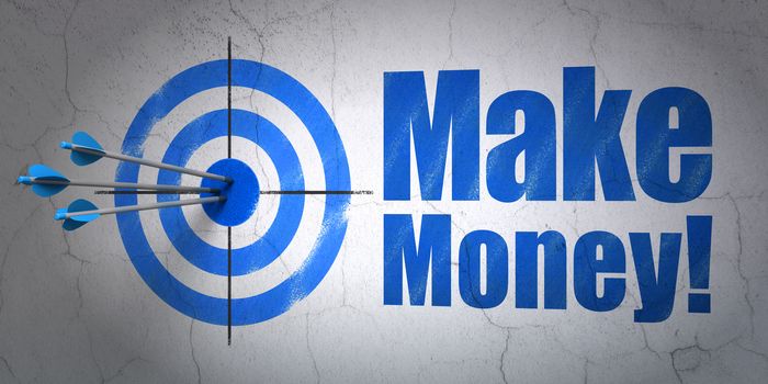 Success business concept: arrows hitting the center of target, Blue Make Money! on wall background