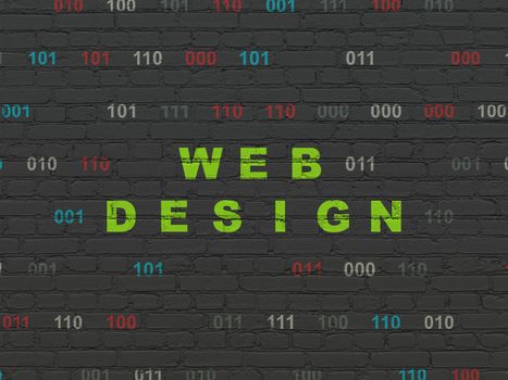 Web development concept: Painted green text Web Design on Black Brick wall background with Binary Code