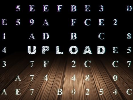 Web development concept: Glowing text Upload in grunge dark room with Wooden Floor, black background with Hexadecimal Code