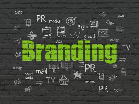 Marketing concept: Painted green text Branding on Black Brick wall background with  Hand Drawn Marketing Icons