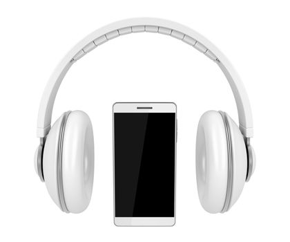 White colored smartphone and headphones, isolated on white background 