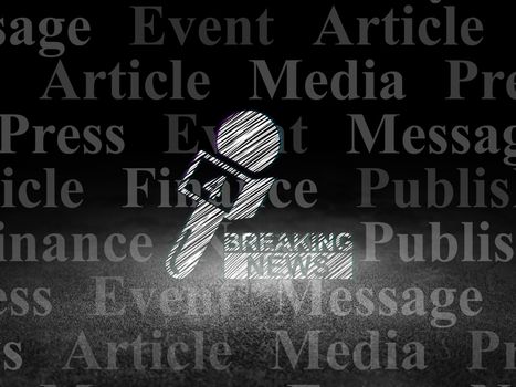 News concept: Glowing Breaking News And Microphone icon in grunge dark room with Dirty Floor, black background with  Tag Cloud