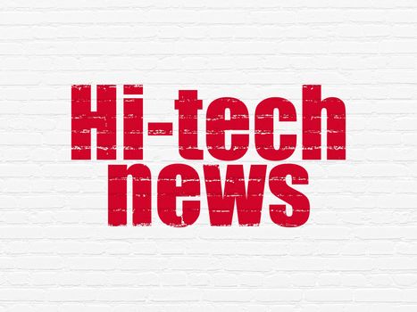 News concept: Painted red text Hi-tech News on White Brick wall background