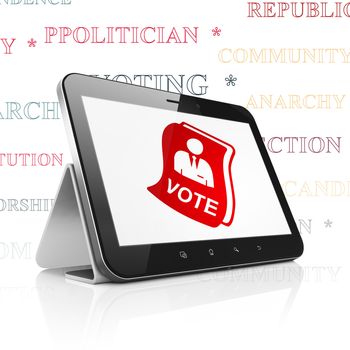 Political concept: Tablet Computer with  red Ballot icon on display,  Tag Cloud background