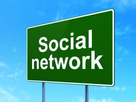 Social network concept: Social Network on green road highway sign, clear blue sky background, 3d render
