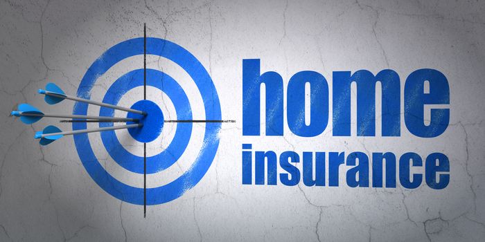 Success Insurance concept: arrows hitting the center of target, Blue Home Insurance on wall background