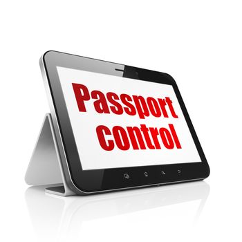 Vacation concept: Tablet Computer with  red text Passport Control on display,  Tag Cloud background