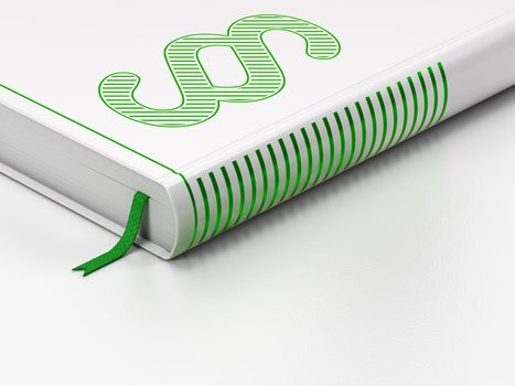 Law concept: closed book with Green Paragraph icon on floor, white background, 3d render