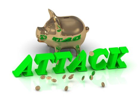 ATTACK- inscription of bright green letters and gold Piggy on white background