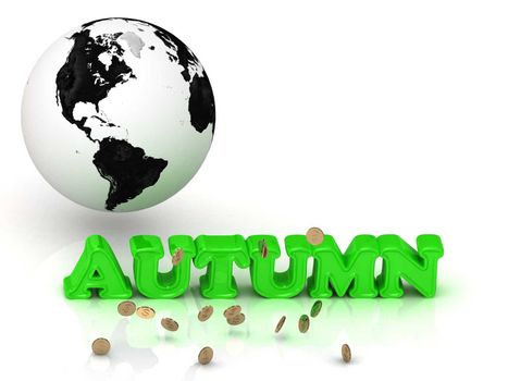 AUTUMN - bright color letters, black and white Earth on a white background