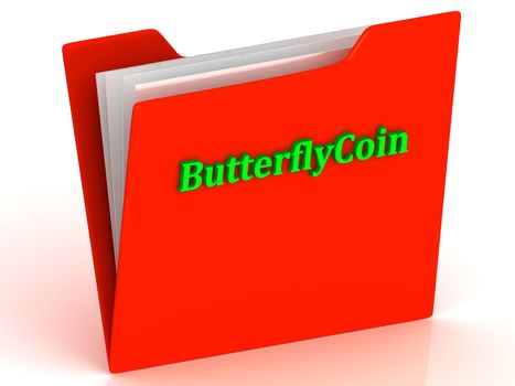 ButterflyCoin- bright green letters on a gold folder on a white background