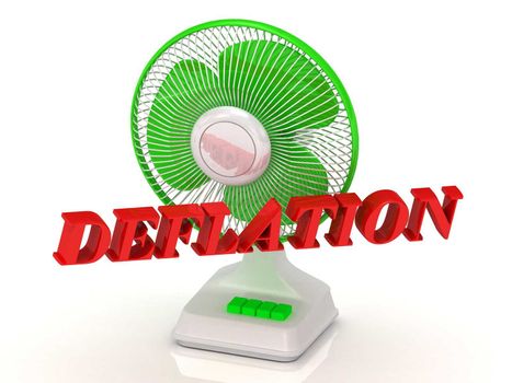 DEFLATION- Green Fan propeller and bright color letters on a white background